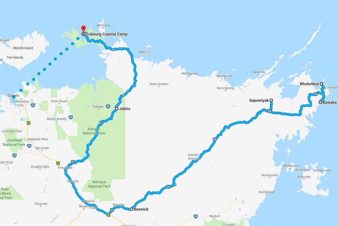 Map of tour of Arnhem Land from Nhulunbuy to Darwin